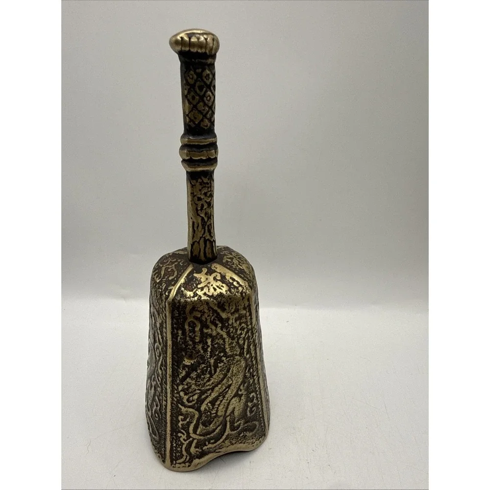 Solid Brass Square Bell Dragon Pattern Scalloped Edge Vintage Korea 2.5